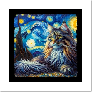 Norwegian Forest Starry Night Inspired - Artistic Cat Posters and Art